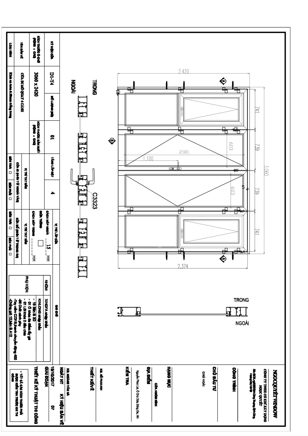 Bản vẽ kỹ thuật cửa đi mở quay 4 cánh nhôm kính Xingfa kích thước 3060 x 2420 mm